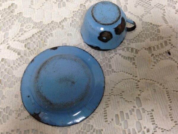 Vintage, French Blue, Child's 2pc Enamelware Cup and Saucer with Gold Trim