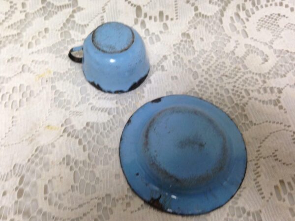 Vintage, French Blue, Child's 2pc Enamelware Cup and Saucer with Gold Trim