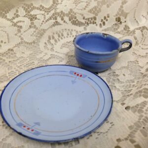 Vintage, French Blue, Child's 2pc Enamelware Cup and Saucer with Gold Trim