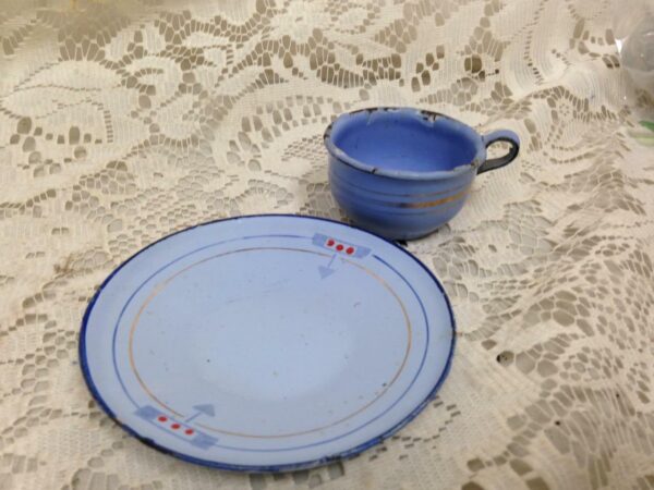 Vintage, French Blue, Child's 2pc Enamelware Cup and Saucer with Gold Trim