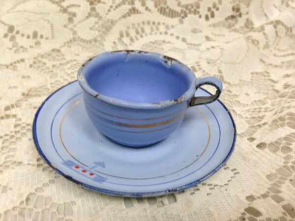 Vintage, French Blue, Child's 2pc Enamelware Cup and Saucer with Gold Trim