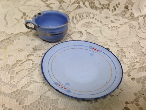 Vintage, French Blue, Child's 2pc Enamelware Cup and Saucer with Gold Trim