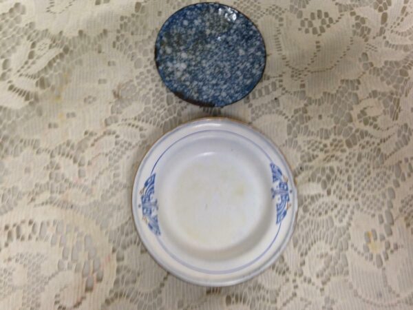 Antique, 2-pc Gray Spotted Graniteware Enamelware Child's Dishes