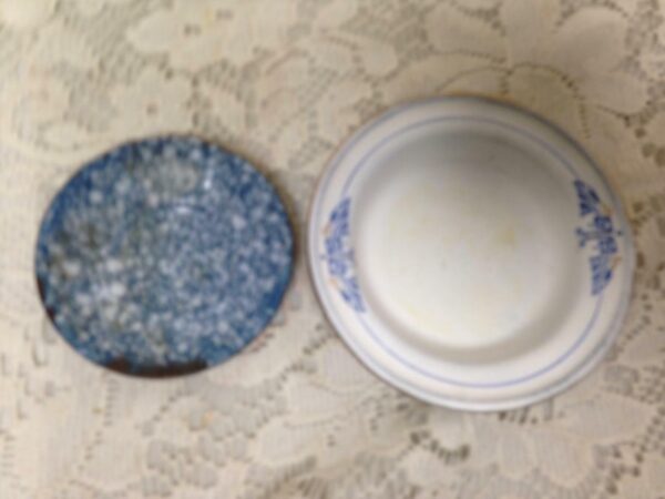 Antique, 2-pc Gray Spotted Graniteware Enamelware Child's Dishes