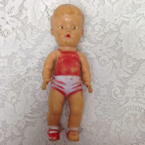 Vintage, 1950s Sun Rubber Doll in Red and White Playsuit