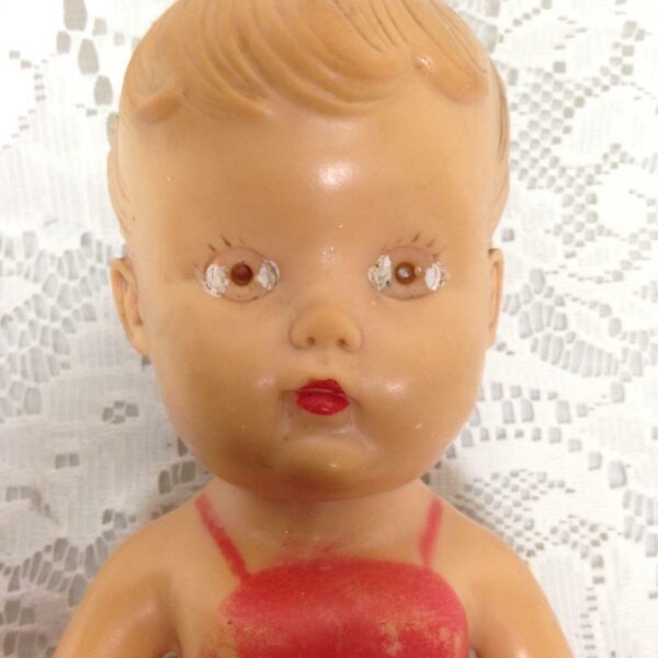 Vintage, 1950s Sun Rubber Doll in Red and White Playsuit