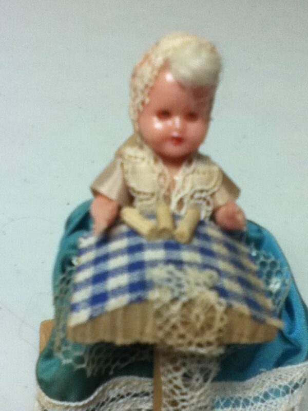 Vintage, Dollhouse, Tiny Celluloid Doll in Blue Gown