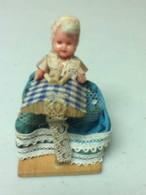 Vintage, Dollhouse, Tiny Celluloid Doll in Blue Gown