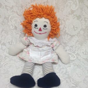 Hand Crafted 20in Raggedy Ann Doll in White Printed Dress