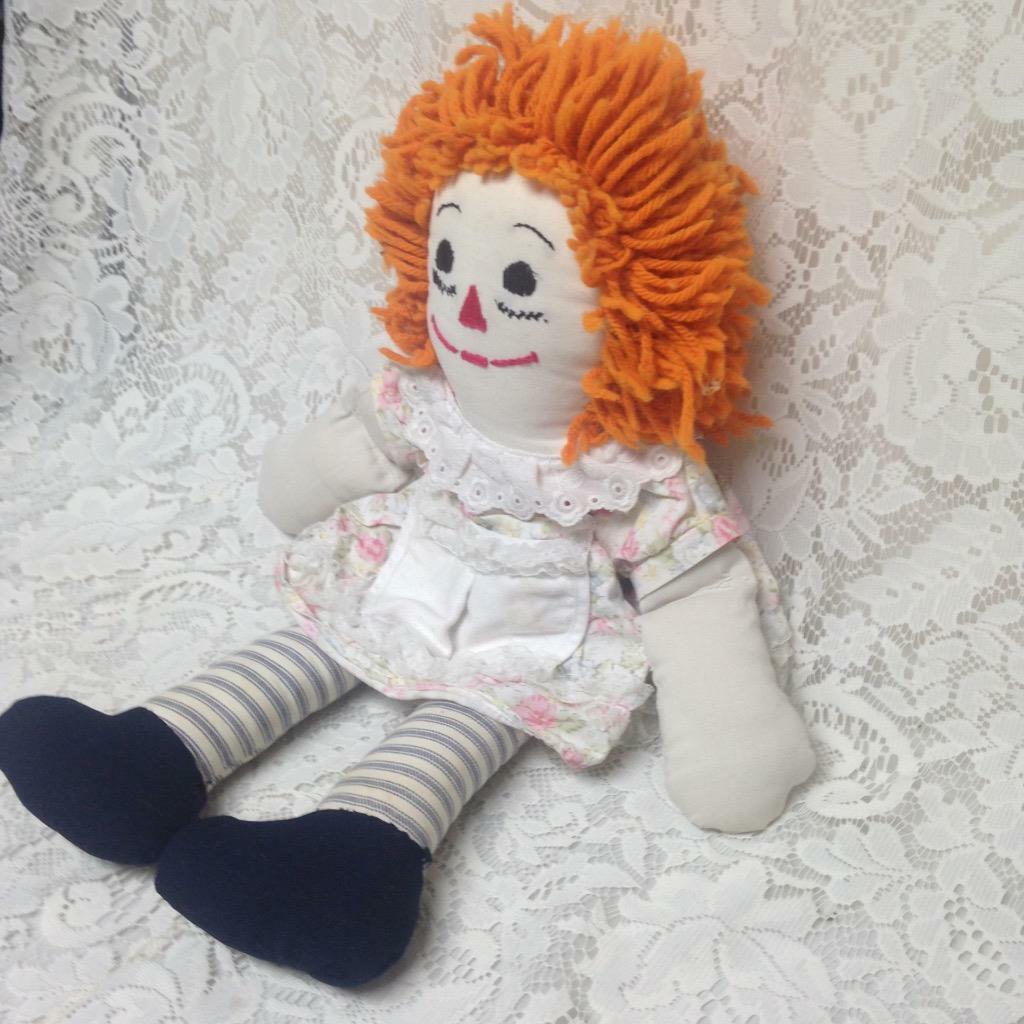 Hand Crafted 20in Raggedy Ann Doll in White Printed Dress