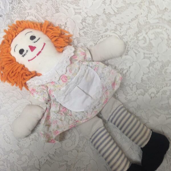 Hand Crafted 20in Raggedy Ann Doll in White Printed Dress