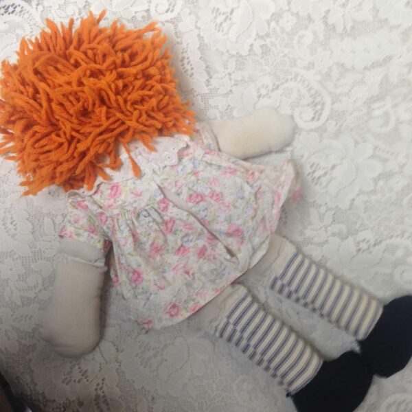 Hand Crafted 20in Raggedy Ann Doll in White Printed Dress