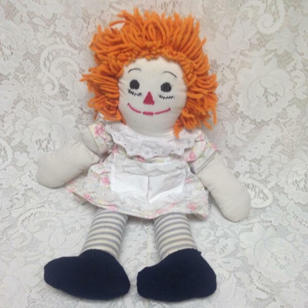 Hand Crafted 20in Raggedy Ann Doll in White Printed Dress