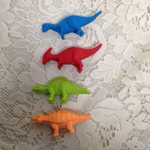 Vintage, Four (4) Colorful Figural Dino Saurs Erasers 3in x 1.25in