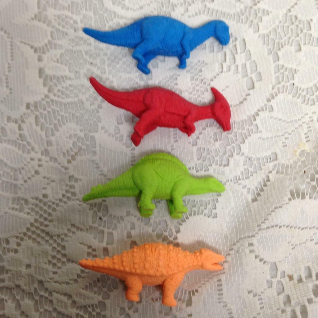 Vintage, Four (4) Colorful Figural Dino Saurs Erasers 3in x 1.25in