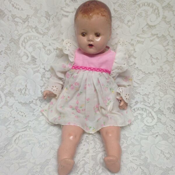 1930s 20-inch Composition Doll in Pink Printed Dress