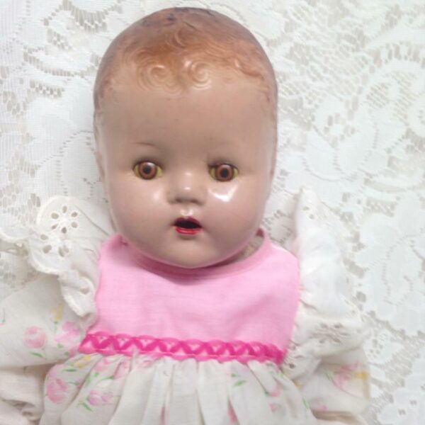 1930s 20-inch Composition Doll in Pink Printed Dress