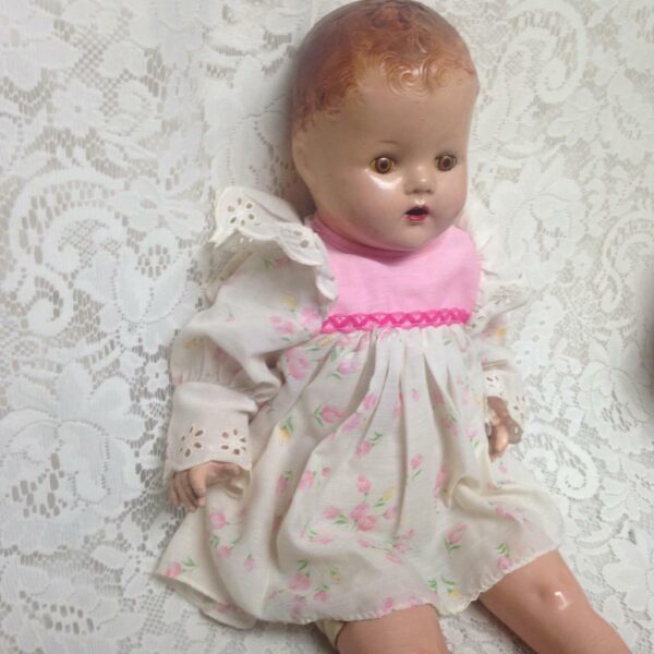 1930s 20-inch Composition Doll in Pink Printed Dress