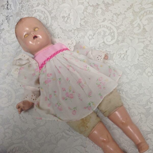 1930s 20-inch Composition Doll in Pink Printed Dress