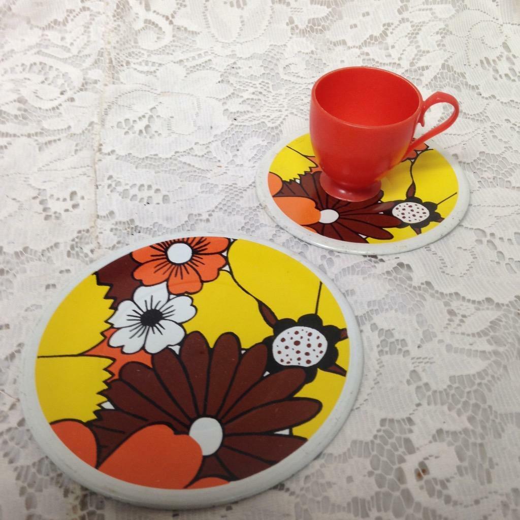 1960-70s 3-pc Orange Floral Child’s Tin Tea Set