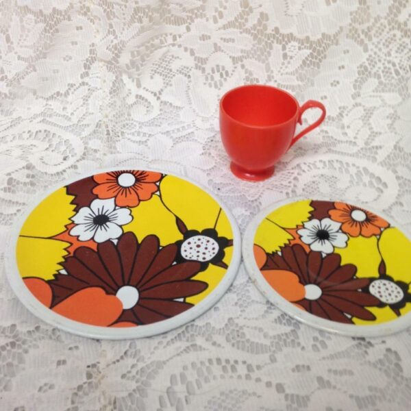 1960-70s 3-pc Orange Floral Child’s Tin Tea Set