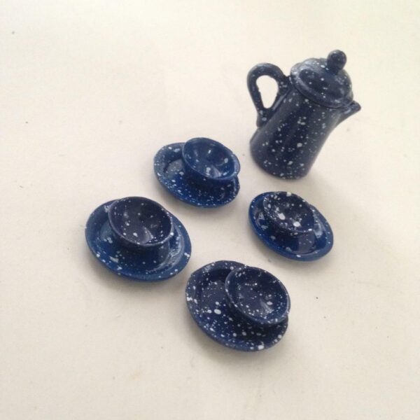 Vintage Doll House Miniatures, 10pc Blue Enamelware Tea Set (1/2-1in)