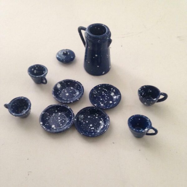 Vintage Doll House Miniatures, 10pc Blue Enamelware Tea Set (1/2-1in)