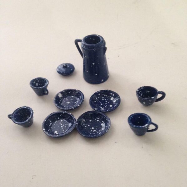 Vintage Doll House Miniatures, 10pc Blue Enamelware Tea Set (1/2-1in)