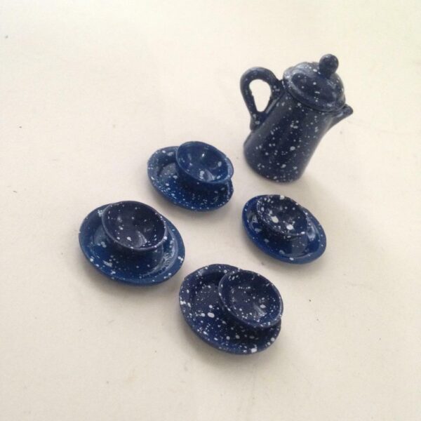 Vintage Doll House Miniatures, 10pc Blue Enamelware Tea Set (1/2-1in)