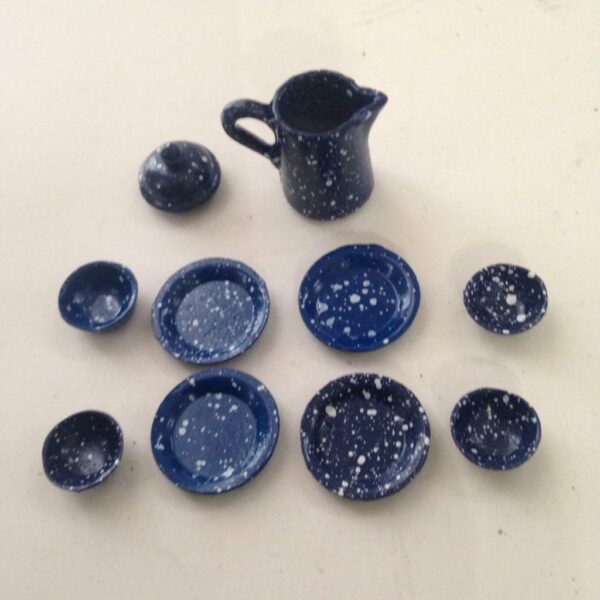 Vintage Doll House Miniatures, 10pc Blue Enamelware Tea Set (1/2-1in)