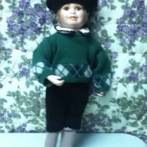 Vintage, 18in Boy Porcelain Doll in Green Swearer and Hat