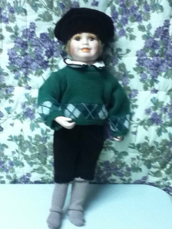 Vintage, 18in Boy Porcelain Doll in Green Swearer and Hat