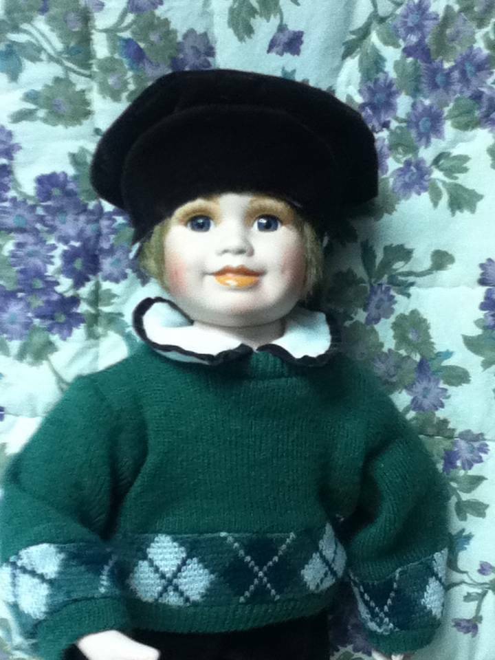 Vintage, 18in Boy Porcelain Doll in Green Swearer and Hat