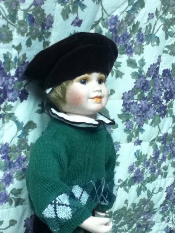 Vintage, 18in Boy Porcelain Doll in Green Swearer and Hat