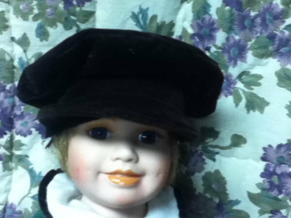 Vintage, 18in Boy Porcelain Doll in Green Swearer and Hat