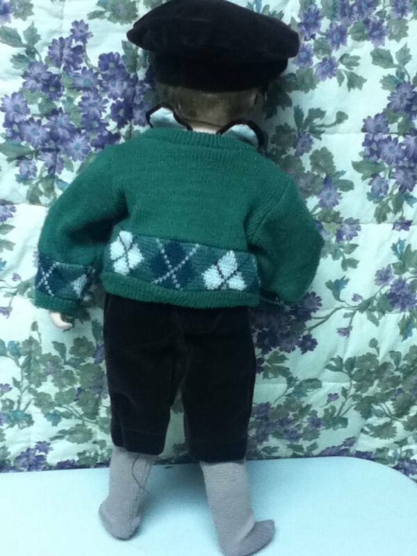 Vintage, 18in Boy Porcelain Doll in Green Swearer and Hat