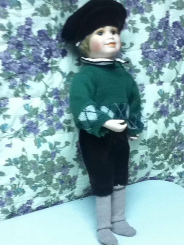 Vintage, 18in Boy Porcelain Doll in Green Swearer and Hat