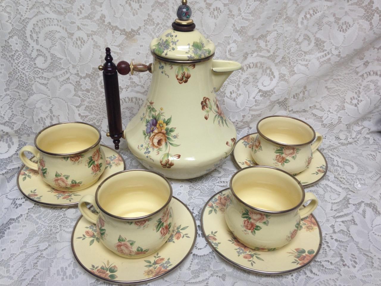 1983 Victoria n Richard MacKenzie Childs Beige Floral Enamelware 11pc Tea Set