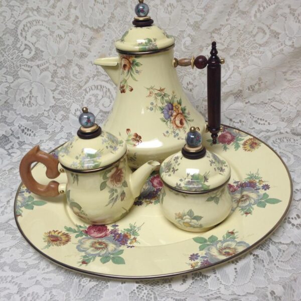 1983 Victoria n Richard MacKenzie Childs Beige Floral Enamelware 7pc Tea Set