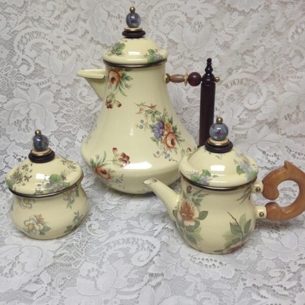 1983 Victoria n Richard MacKenzie Childs Beige Floral Enamelware 7pc Tea Set