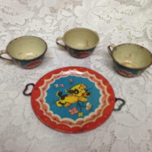 Rare, 1940s Ohio Art #47 FB Peat’s Puppies 4-pc Child's Tin Cups and Cake Plate