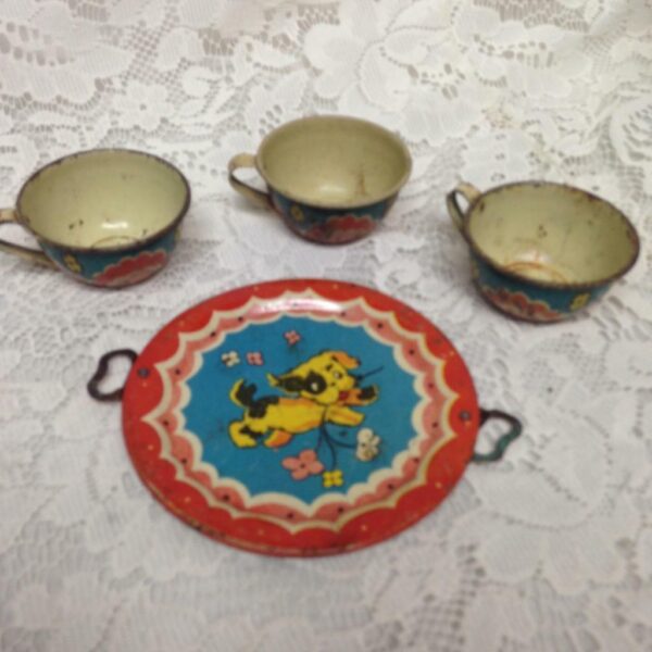 Rare, 1940s Ohio Art #47 FB Peat’s Puppies 4-pc Child's Tin Cups and Cake Plate