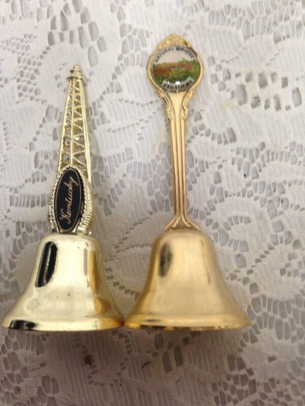 Vintage, 2pc Gold Tone Souvenir Bells- Kentucky Tower and Natural Bridge