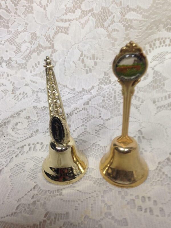 Vintage, 2pc Gold Tone Souvenir Bells- Kentucky Tower and Natural Bridge