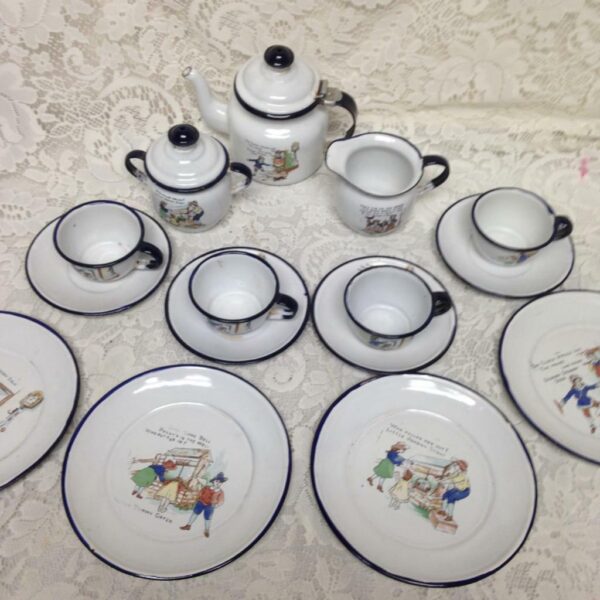 Antique, Rare Set, 17pc Nursery Rhyme, Enamelware Tea Set (A)