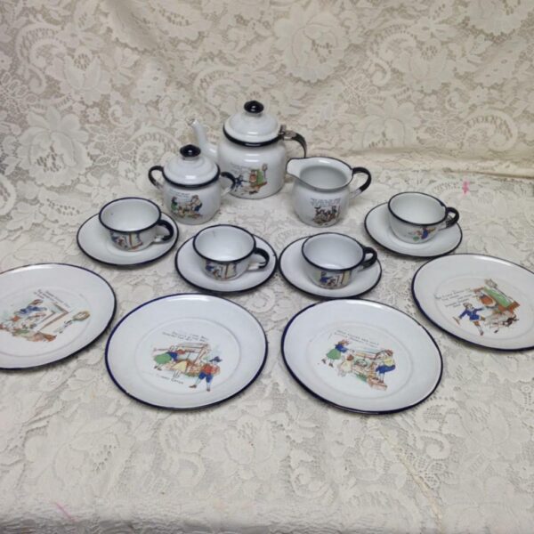 Antique, Rare Set, 17pc Nursery Rhyme, Enamelware Tea Set (A)