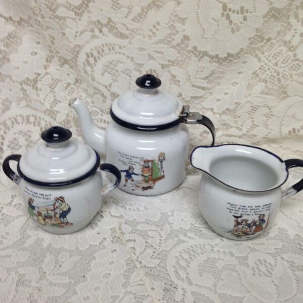 Antique, Rare Set, 17pc Nursery Rhyme, Enamelware Tea Set (A)