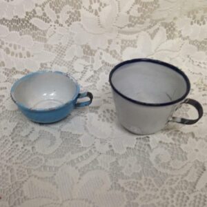 Vintage, 2 pc Enamelware Blue and White Cups 3in W