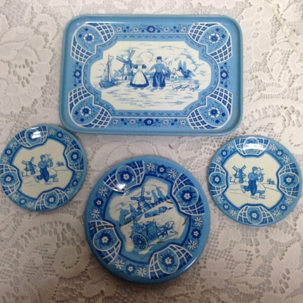 1940s Wolverine, Delft 3-pc Child's Tin Dishes