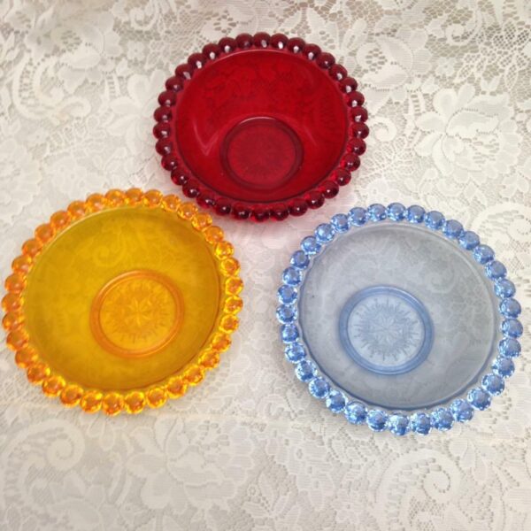 Vintage, 3pc Red,Yellow and Blue Jeweled Kids Cereal Bowls